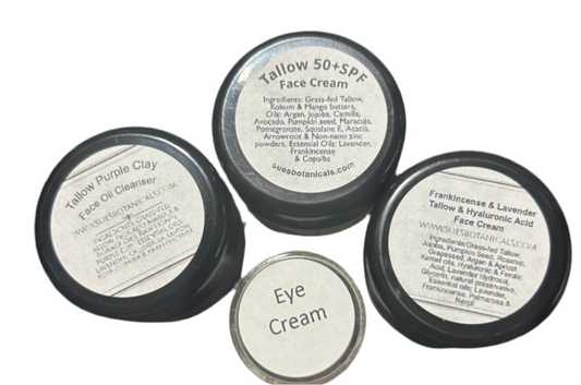 Tallow Frankincense and lavender Hyaluronic acid 4 piece set
Natural skincare, skin hydration, helps acne, organic skincare, Hyaluronic Acid, 
All Natural skincare, extra hydration, organic skincare , moisturizer, Natural skincare, skin hydration, helps rosacea, helps acne, reduces wrinkles, reduces fine lines, organic skincare, Beef Tallow Skincare