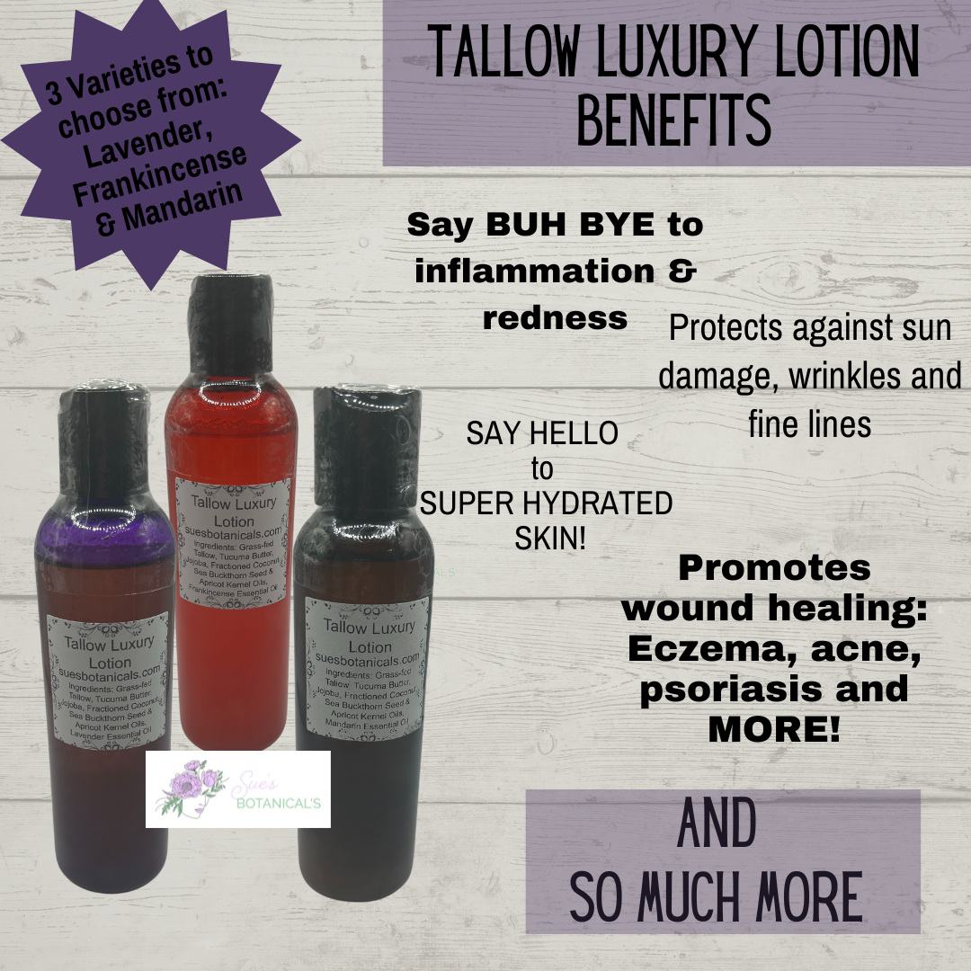 Tallow Luxury Lotion
Natural skincare, helps acne, helps eczema, help psoriasis, helps wrinkles, hydrates skin, organic skincare