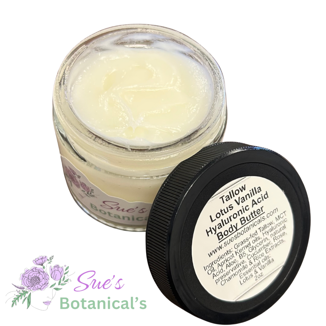 Tallow Lotus Vanilla Hyaluronic Acid Body Butter
All Natural Tallow skincare, extra hydration, organic skincare , moisturizer, All Natural skincare, skin hydration, helps rosacea, helps psoriasis, helps acne, reduces wrinkles, reduces fine lines, organic skincare, Beef Tallow Skincare