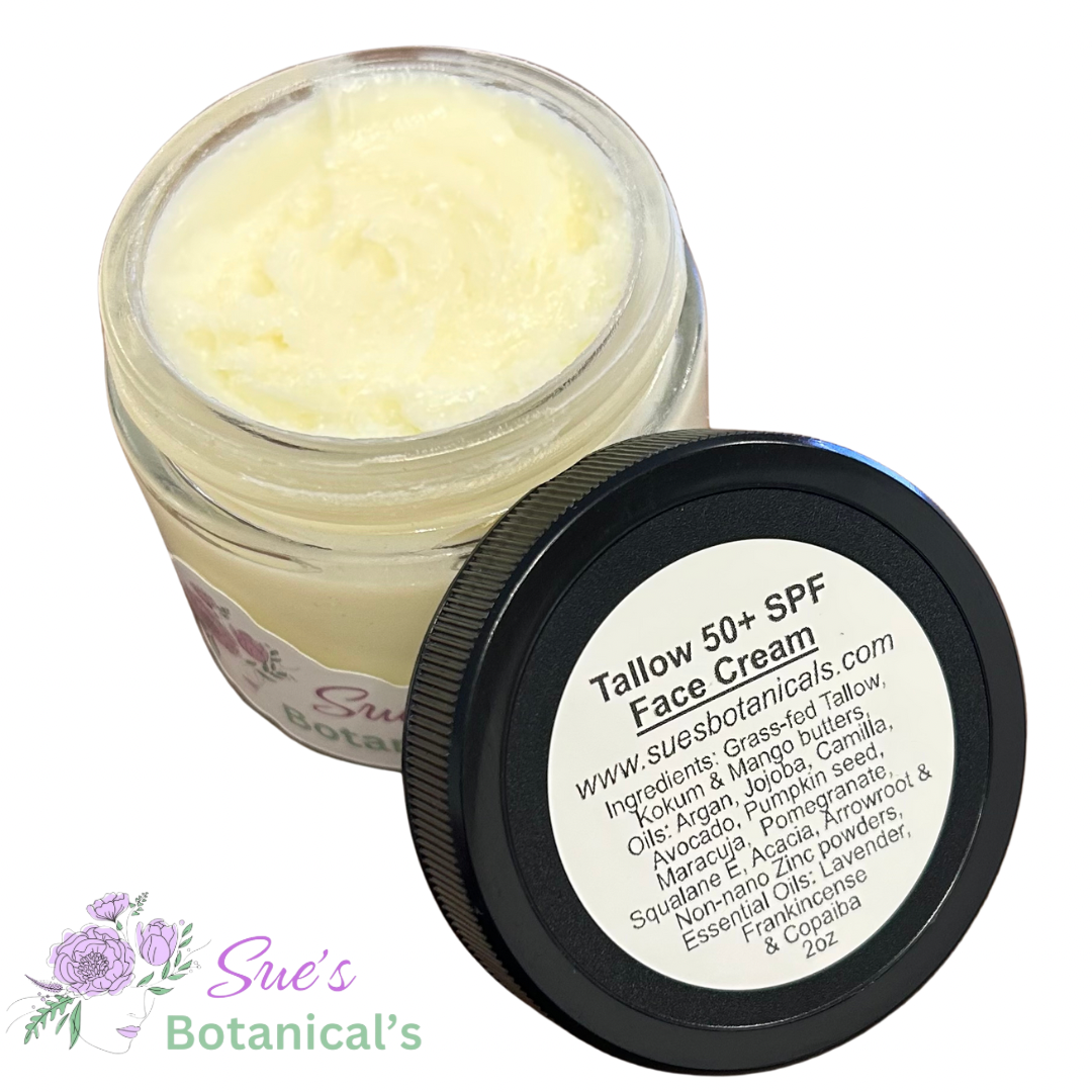 Tallow 50+ SPF Face Cream 2oz
All Natural tallow skincare, helps acne, helps eczema, helps psoriasis, helps wrinkles, hydrates skin, organic skincare, beef tallow skincare , protection against the sun