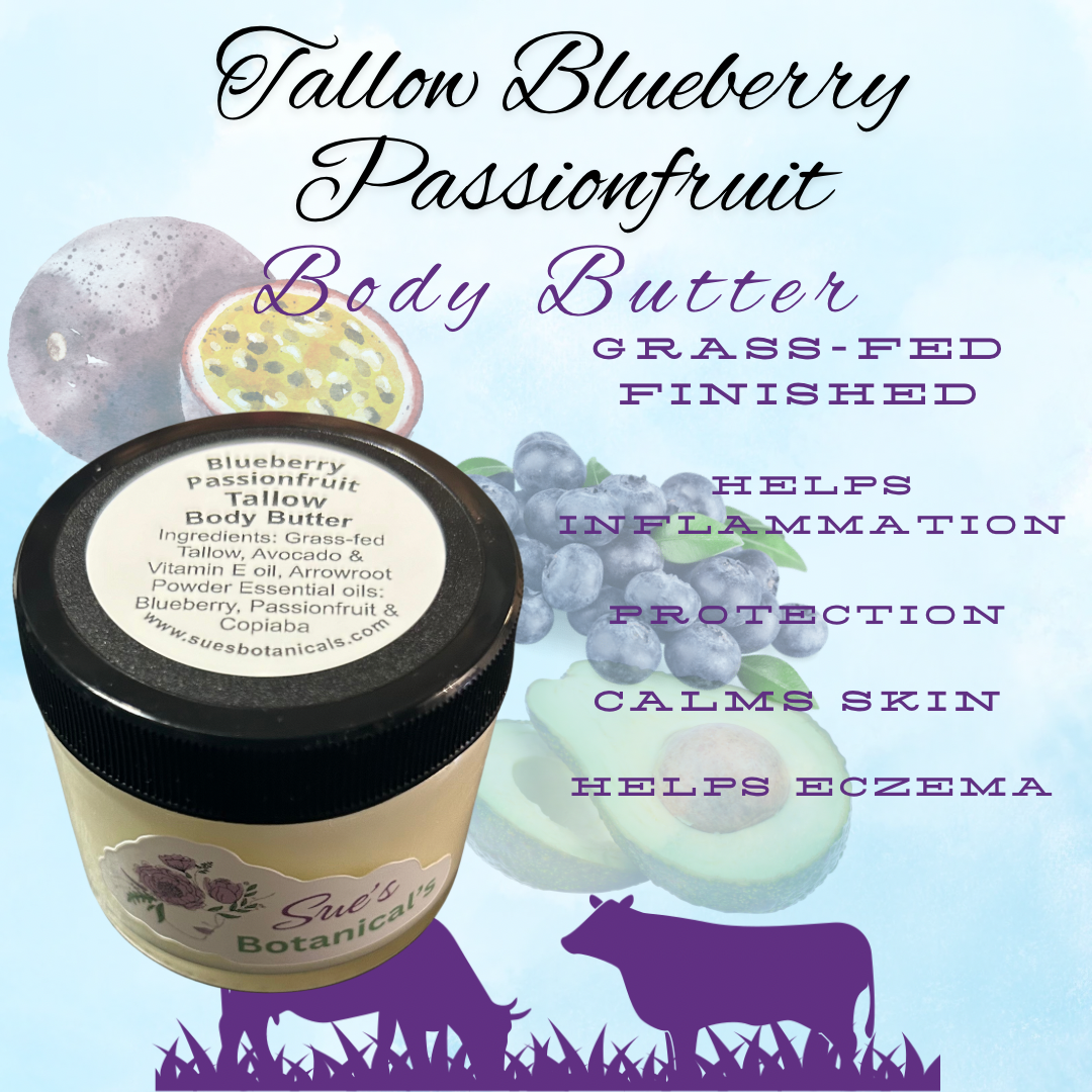 Tallow Blueberry Passionfruit Body Butter
Natural skincare, helps acne, helps eczema, help psoriasis, helps wrinkles, hydrates skin, organic skincare
All Natural skincare, extra hydration, organic skincare , moisturizer, Natural skincare, skin hydration, helps rosacea, helps acne, reduces wrinkles, reduces fine lines, organic skincare, Beef Tallow Skincare