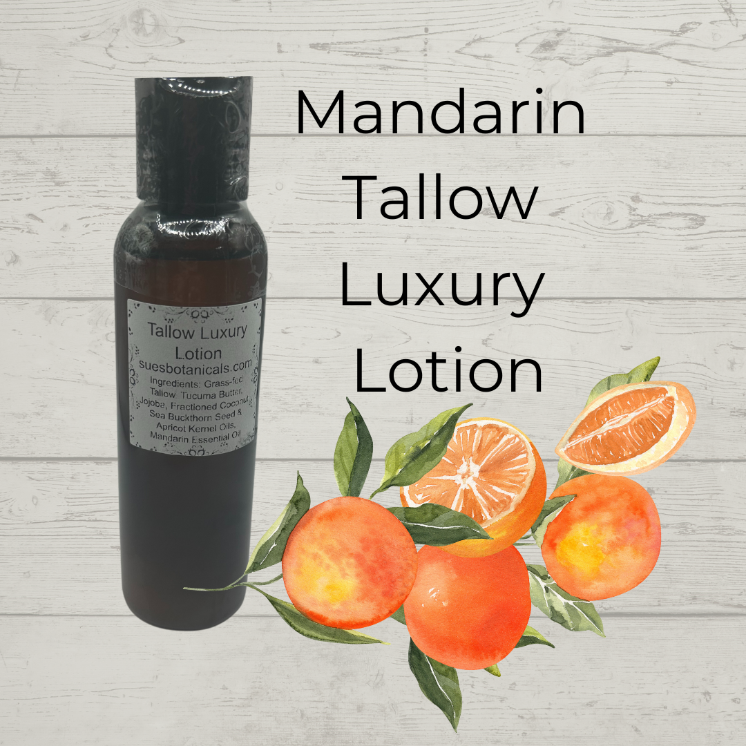 Mandarin Tallow Luxury Lotion
Natural skincare, helps acne, helps eczema, help psoriasis, helps wrinkles, hydrates skin, organic skincare