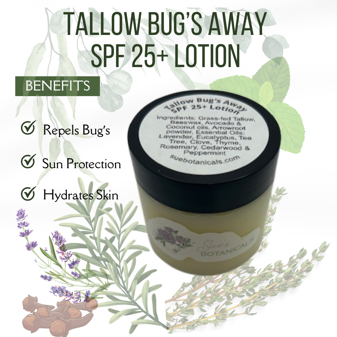 Tallow Bugs Away SPF 25+ Lotion
All Natural skincare, extra hydration, organic skincare , moisturizer, Natural skincare, skin hydration, helps rosacea, helps acne, reduces wrinkles, reduces fine lines, organic skincare, Beef Tallow Skincare