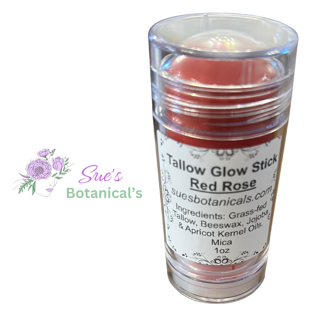Red rose Tallow Glow Stick
Natural skincare, beef tallow skincare, help rosacea, redness, 
All Natural skincare, helps acne, helps eczema, help psoriasis, helps wrinkles, hydrates skin, organic skincare, beef tallow skincare