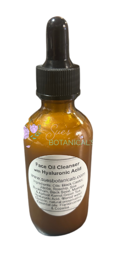 Facial Oil Cleanser with Hyaluronic Acid 
Natural skincare, helps hydrate skin. 

Natural skincare, skin hydration, helps acne, reduces wrinkles, reduces fine lines, organic skincare, wound care, rash care, helps eczema, helps psoriasis, helps rosacea
