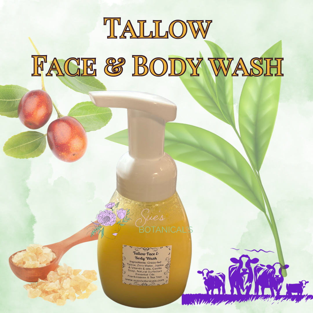 Tallow Face and body wash

Natural skincare, helps acne, helps eczema, help psoriasis, helps wrinkles, hydrates skin, organic skincare 