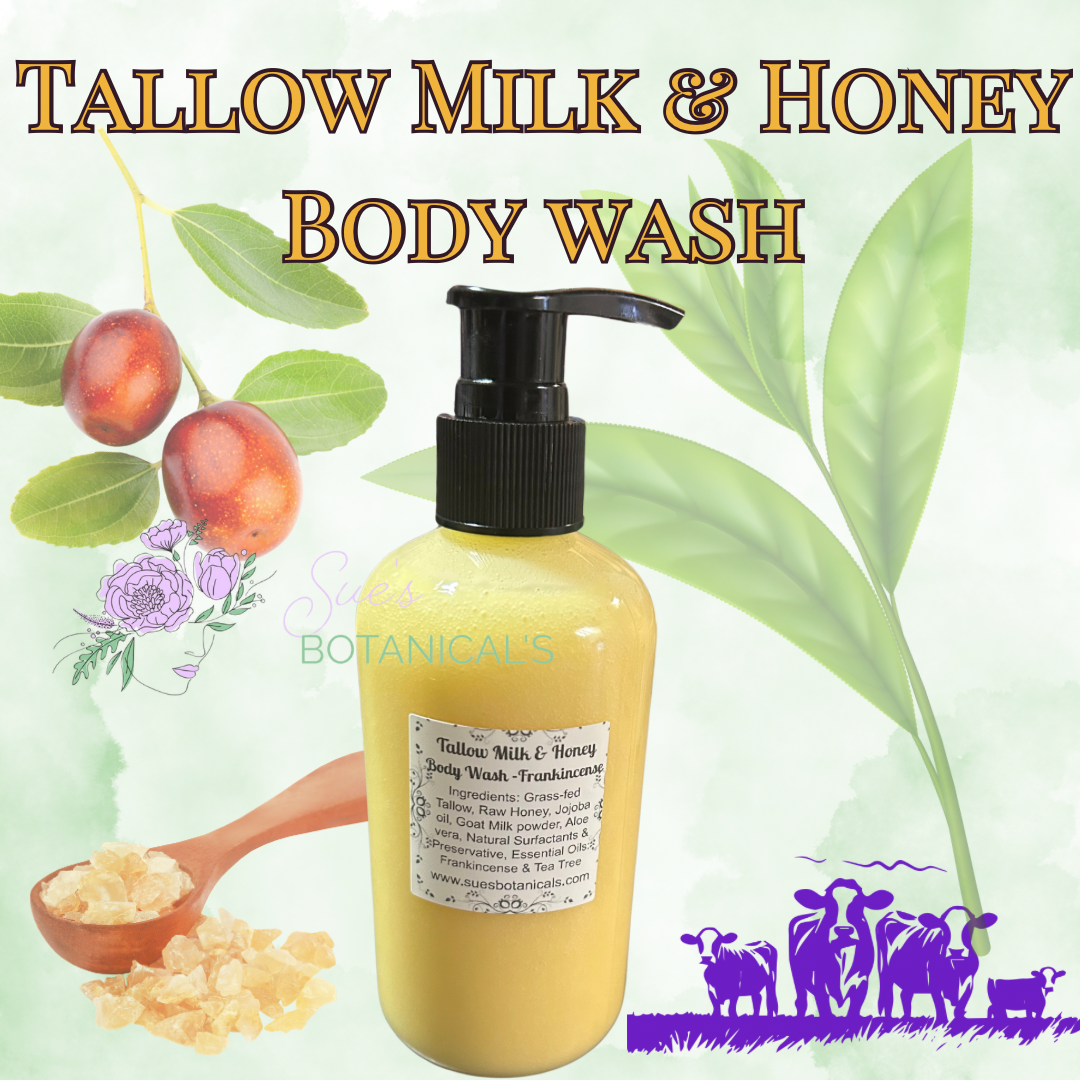 Tallow Milk & Honey Body Wash

Natural skincare, extra hydration, organic skincare , moisturizer, Natural skincare, skin hydration, helps acne, reduces wrinkles, reduces fine lines, organic skincare, Beef Tallow Skincare