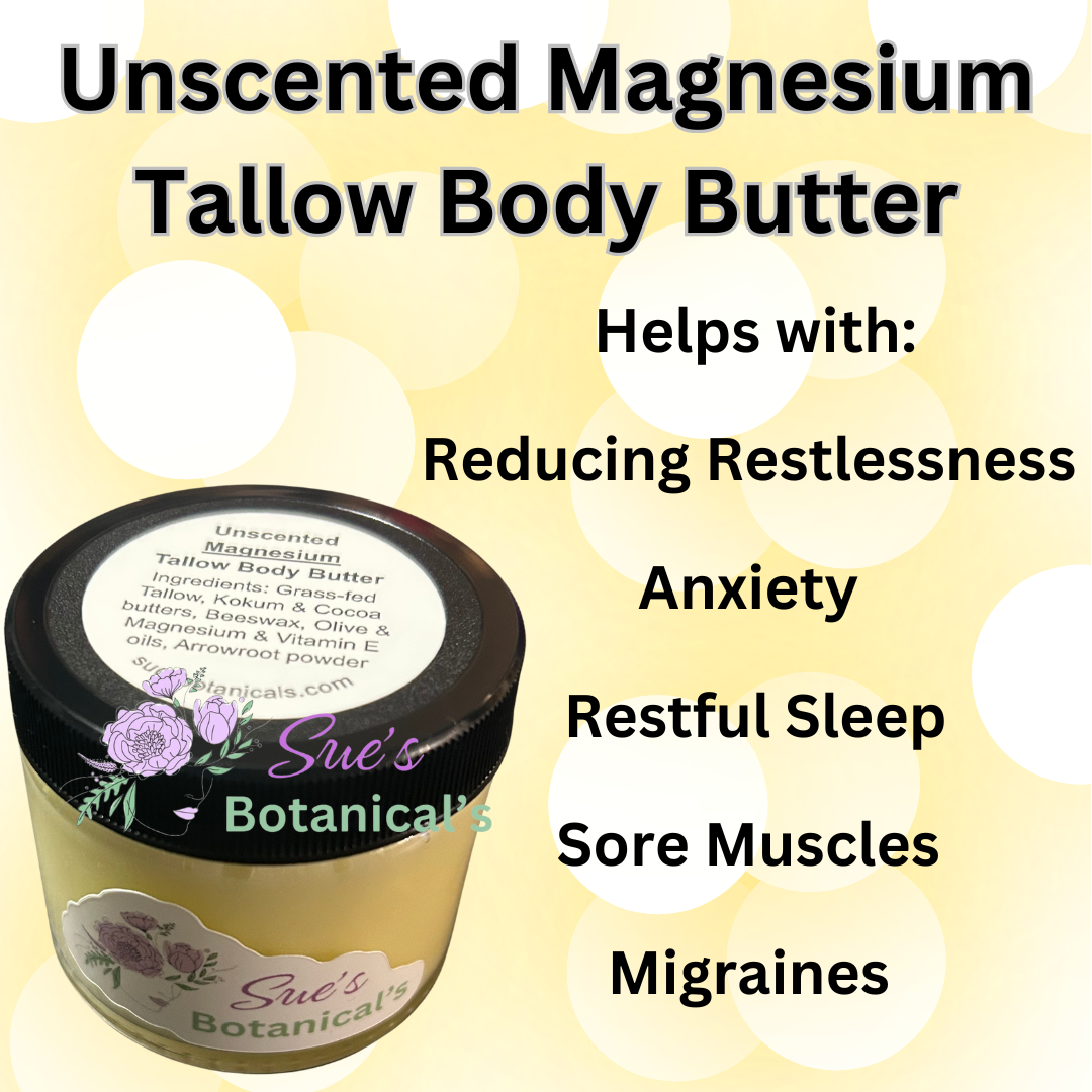 Unscented Magnesium Tallow Body Butter
Helps with restlessness, anxiety, sore muscles, migraines 

Natural skincare, skin hydration, helps acne, reduces wrinkles, reduces fine lines, organic skincare, Beef Tallow Skincare, natural skincare 