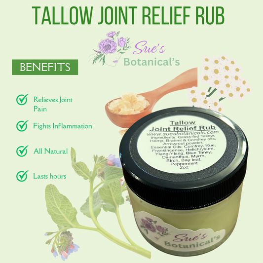 Tallow Joint Relief Rub
All Natural skincare, extra hydration, organic skincare , moisturizer, skin hydration, helps acne, reduces wrinkles, reduces fine lines, organic skincare, Beef Tallow Skincare