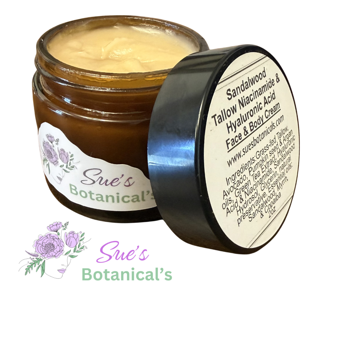 Sandalwood Tallow Niacinamide & Hyaluronic Acid Face Cream

All Natural skincare, extra hydration, organic skincare , moisturizer, All Natural Tallow skincare, skin hydration, helps rosacea, helps acne, reduces wrinkles, reduces fine lines, organic skincare, Beef Tallow Skincare