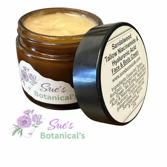 Sandalwood Tallow Niacinamide & Hyaluronic Acid Face Cream

All Natural skincare, extra hydration, organic skincare , moisturizer, All Natural Tallow skincare, skin hydration, helps rosacea, helps acne, reduces wrinkles, reduces fine lines, organic skincare, Beef Tallow Skincare