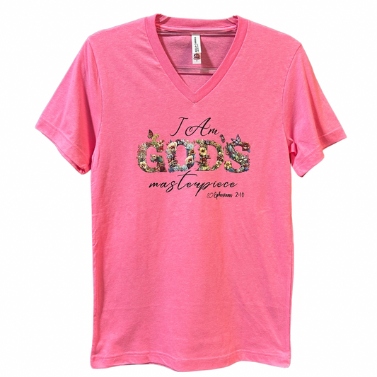 “I am God’s Masterpiece” Bright Pink V-neck T-shirt