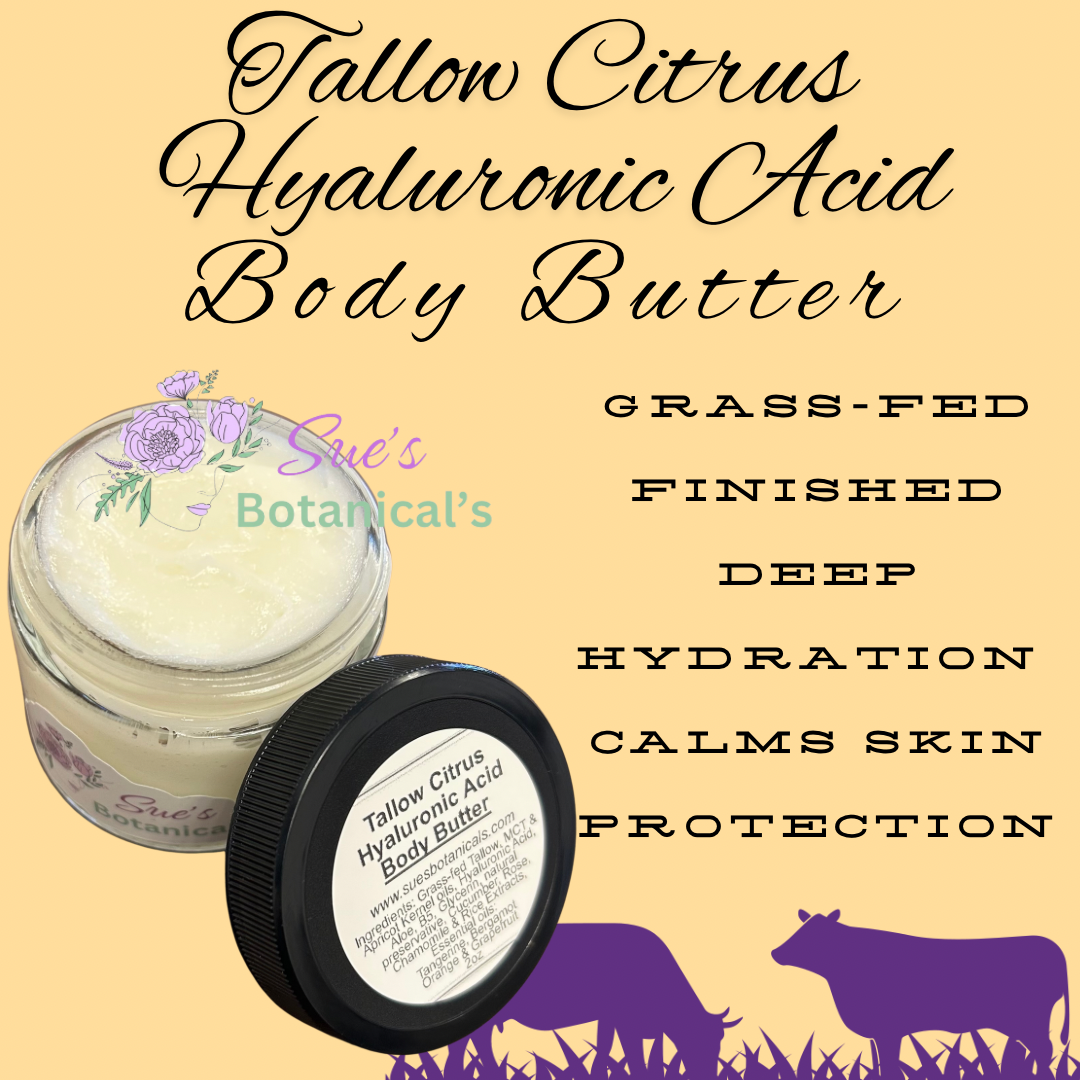 Tallow Citrus Hyaluronic Acid Body Butter 

All Natural Tallow skincare, extra hydration, organic skincare , moisturizer, All Natural skincare, skin hydration, helps rosacea, helps psoriasis, helps acne, reduces wrinkles, reduces fine lines, organic skincare, Beef Tallow Skincare