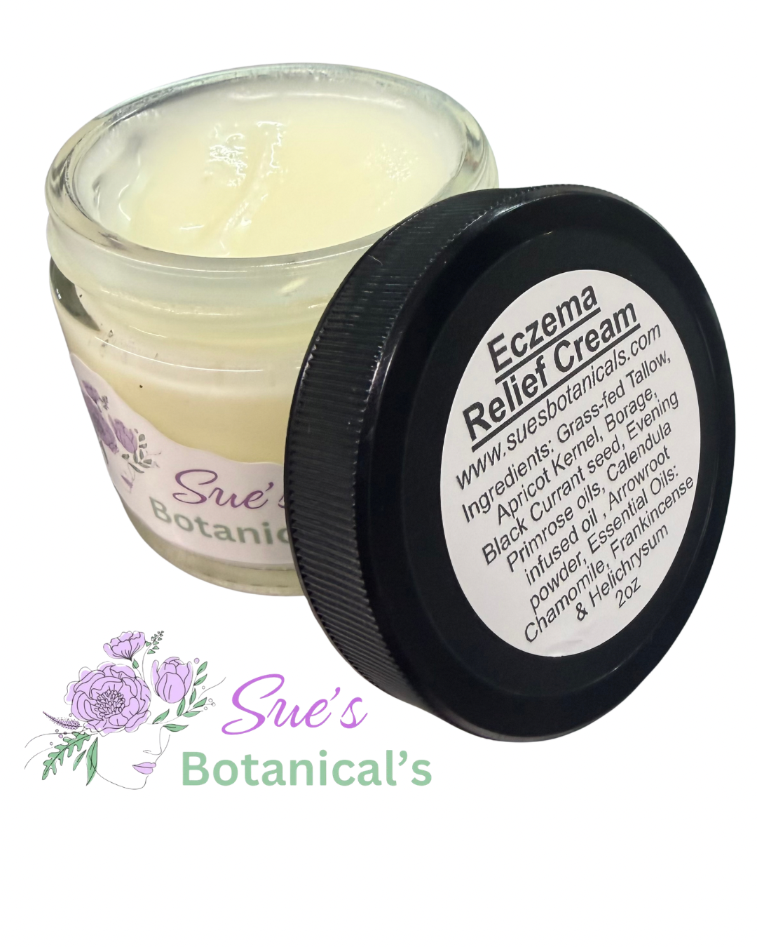 Eczema Relief Cream and lists ingredients including Grass fed and grass finish tallow, aloe vera, calendula, and essential oils.
All natural skincare