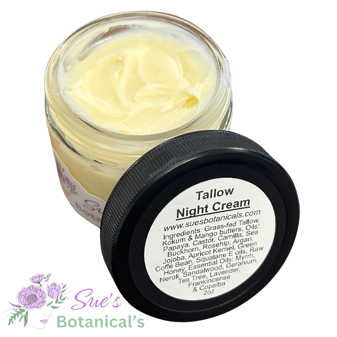 Tallow Night Cream, 
does not clog pores, All Natural tallow skincare, helps acne, helps eczema, helps psoriasis, helps wrinkles, hydrates skin, organic skincare

All Natural tallow skincare, helps skin hydration, helps acne, helps reduce wrinkles, helps reduce fine lines, organic skincare, Beef Tallow Skincare, wound care, rash care, helps eczema, helps psoriasis, helps rosacea