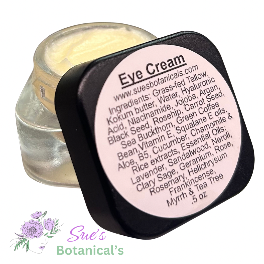 Eye cream with Tallow Hyaluronic Acid and  Niacinamide 

All Natural skincare, extra hydration, organic skincare , moisturizer, Natural skincare, skin hydration, helps rosacea, helps acne, reduces wrinkles, reduces fine lines, organic skincare, Organic Beef Tallow Skincare