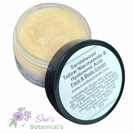 Sandalwood Tallow Niacinamide & Hyaluronic Acid Face Cream

All Natural skincare, extra hydration, organic skincare , moisturizer, All Natural Tallow skincare, skin hydration, helps rosacea, helps acne, reduces wrinkles, reduces fine lines, organic skincare, Beef Tallow Skincare