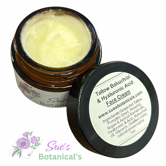 Tallow Bakuchiol and Hyaluronic Acid Face Cream

Natural retinol replacement 

All natural tallow skincare, helps acne, helps eczema, help psoriasis, helps wrinkles, hydrates skin, organic skincare, organic beef Tallow skincare