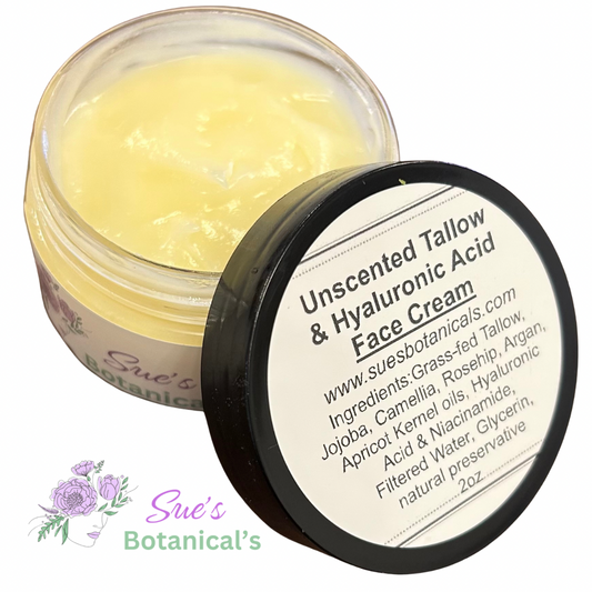 Unscented Tallow & Hyaluronic Acid Face Cream

All Natural Tallow skincare, helps acne, helps eczema, helps psoriasis, helps rosacea, helps wrinkles, hydrates skin, organic skincare, beef tallow skincare 