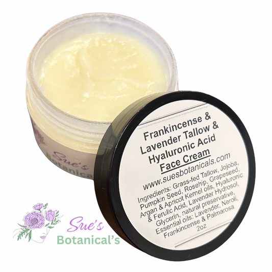 Frankincense and Lavender Tallow Hyaluronic Acid Face Cream

All Natural skincare, extra hydration, organic skincare , moisturizer, Natural skincare, skin hydration, helps rosacea, helps acne, reduces wrinkles, reduces fine lines, organic skincare, Organic Beef Tallow Skincare