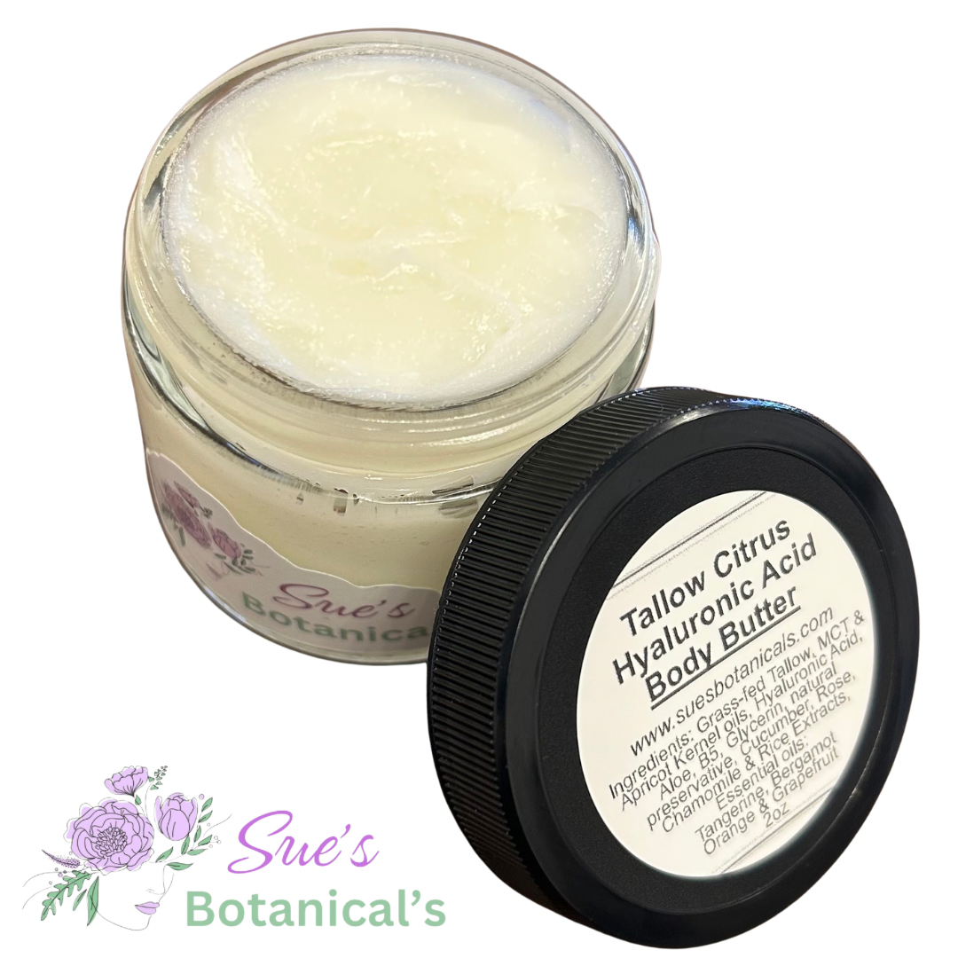 Tallow Citrus Hyaluronic Acid Body Butter 

All Natural Tallow skincare, extra hydration, organic skincare , moisturizer, All Natural skincare, skin hydration, helps rosacea, helps psoriasis, helps acne, reduces wrinkles, reduces fine lines, organic skincare, Beef Tallow Skincare