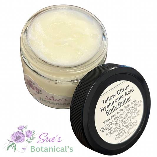 Tallow Citrus Hyaluronic Acid Body Butter 

All Natural Tallow skincare, extra hydration, organic skincare , moisturizer, All Natural skincare, skin hydration, helps rosacea, helps psoriasis, helps acne, reduces wrinkles, reduces fine lines, organic skincare, Beef Tallow Skincare