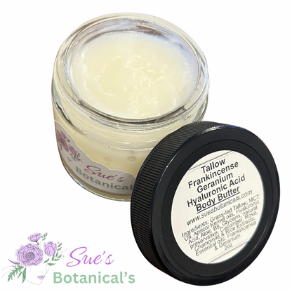 Tallow Frankincense Geranium Hyaluronic Acid Body Butter 

All Natural Tallow skincare, extra hydration, organic skincare , moisturizer, All Natural skincare, skin hydration, helps rosacea, helps psoriasis, helps acne, reduces wrinkles, reduces fine lines, organic skincare, Beef Tallow Skincare
