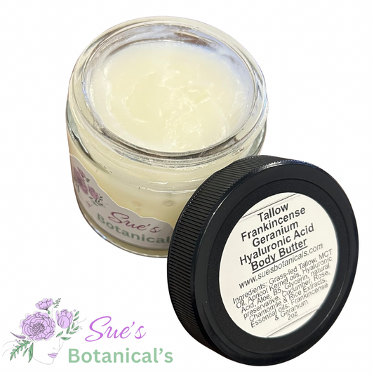 Tallow Frankincense Geranium Hyaluronic Acid Body Butter 

All Natural Tallow skincare, extra hydration, organic skincare , moisturizer, All Natural skincare, skin hydration, helps rosacea, helps psoriasis, helps acne, reduces wrinkles, reduces fine lines, organic skincare, Beef Tallow Skincare
