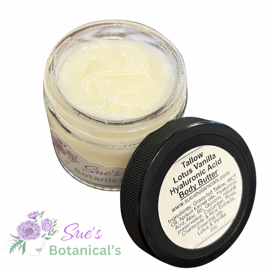 Tallow Lotus Vanilla Hyaluronic Acid Body Butter 

All Natural Tallow skincare, extra hydration, organic skincare , moisturizer, All Natural skincare, skin hydration, helps rosacea, helps psoriasis, helps acne, reduces wrinkles, reduces fine lines, organic skincare, Beef Tallow Skincare