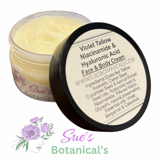 Violet Niacinamide & Hyaluronic Acid Face and Body cream

All Natural skincare, extra hydration, organic skincare , moisturizer, Natural skincare, skin hydration, helps rosacea, helps acne, reduces wrinkles, reduces fine lines, organic skincare, Beef Tallow Skincare