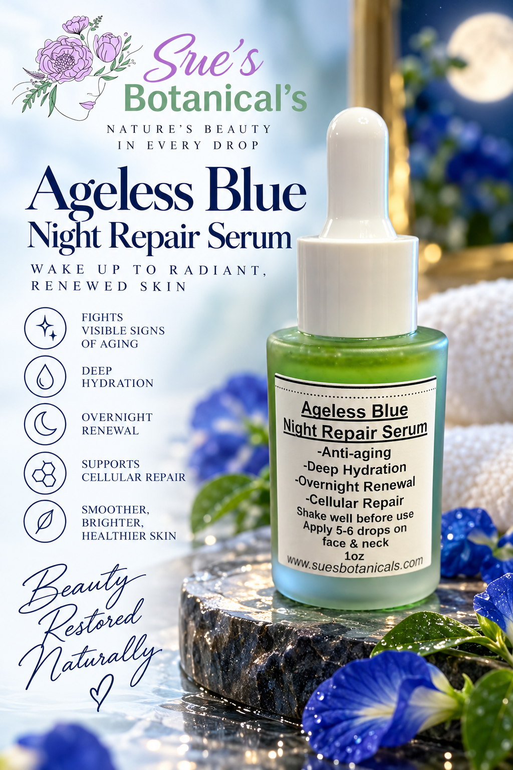 Ageless blue night repair serum
Organic skincare
All natural skincare 