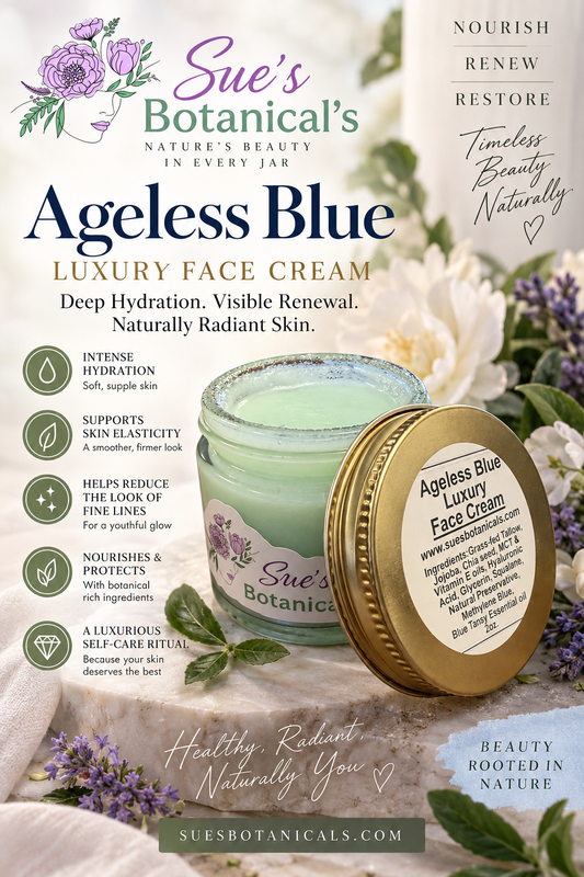 Ageless Blue Luxury Face Cream

All Natural skincare, extra hydration, organic skincare , moisturizer, skin hydration, helps acne, reduces wrinkles, reduces fine lines, organic skincare, Beef Tallow Skincare, Methylene blue 