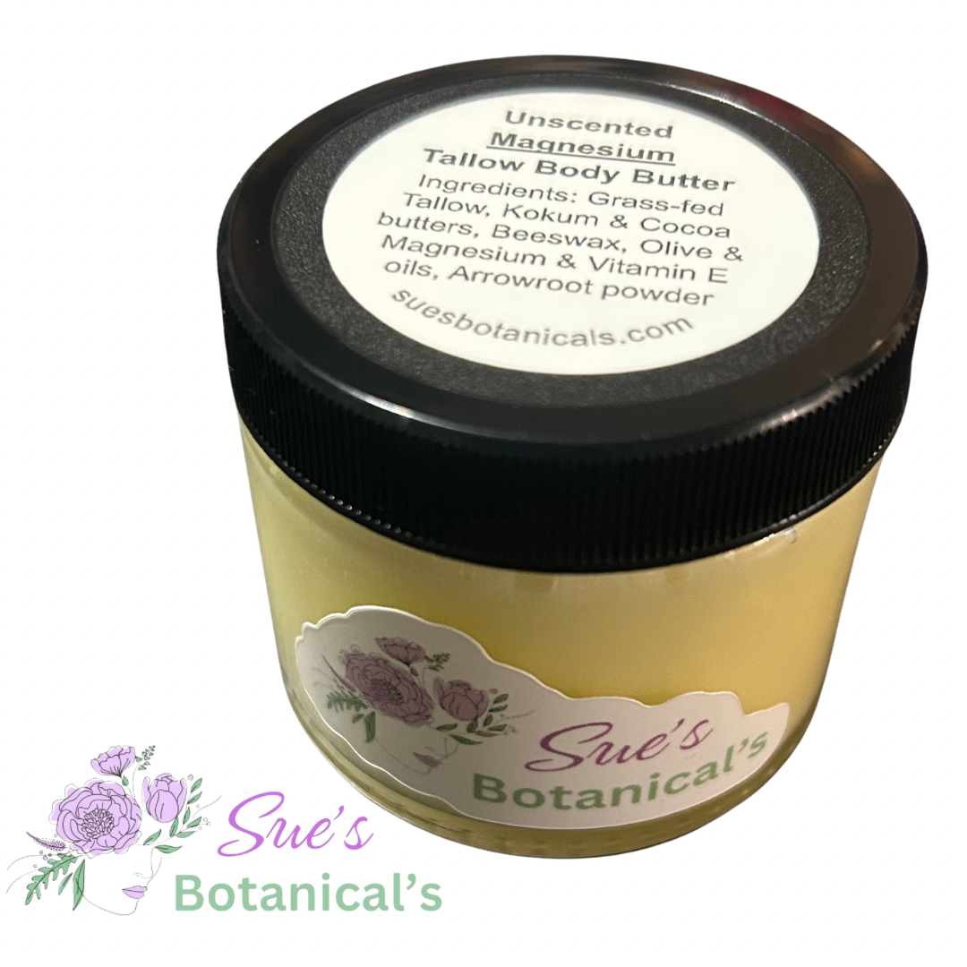 Unscented Magnesium Tallow Body Butter
Helps with restlessness, anxiety, sore muscles, migraines, leg cramps 

All Natural skincare, extra hydration, organic skincare , moisturizer, Natural skincare, skin hydration, helps rosacea, helps acne, reduces wrinkles, reduces fine lines, organic skincare, Beef Tallow Skincare Natural skincare, skin hydration, helps acne, reduces wrinkles, reduces fine lines, organic skincare, Beef Tallow Skincare