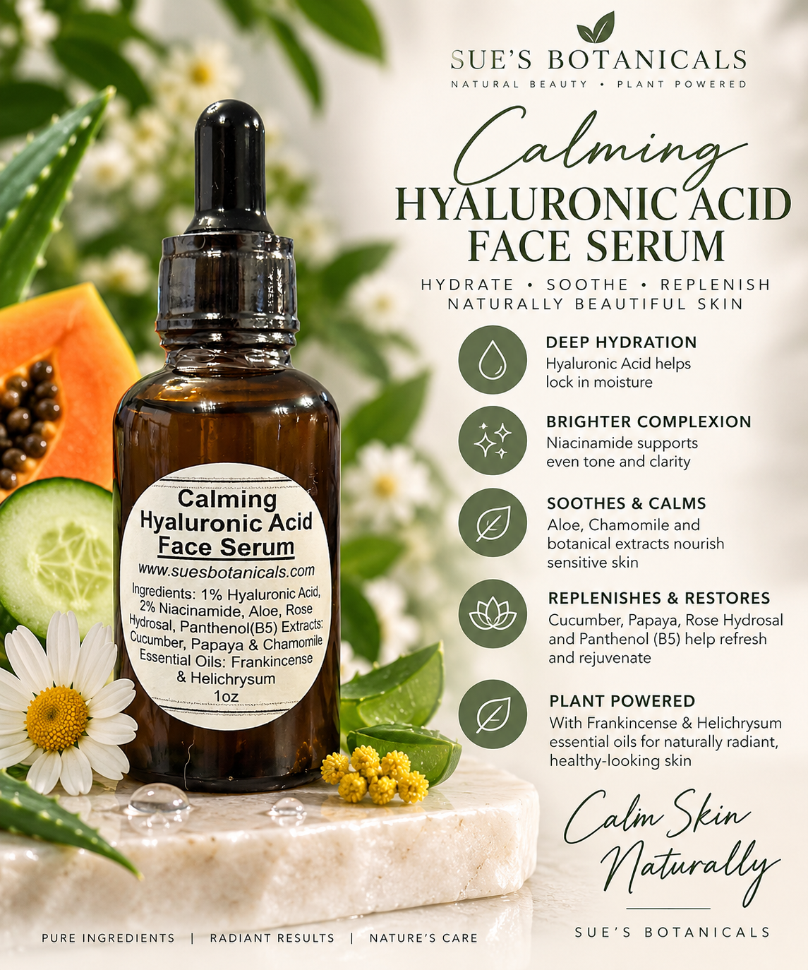 Calming hyaluronic acid face serum

All Natural skincare, extra hydration, organic skincare , moisturizer, skin hydration, helps acne, reduces wrinkles, reduces fine lines, organic skincare, All natural Beef Tallow Skincare