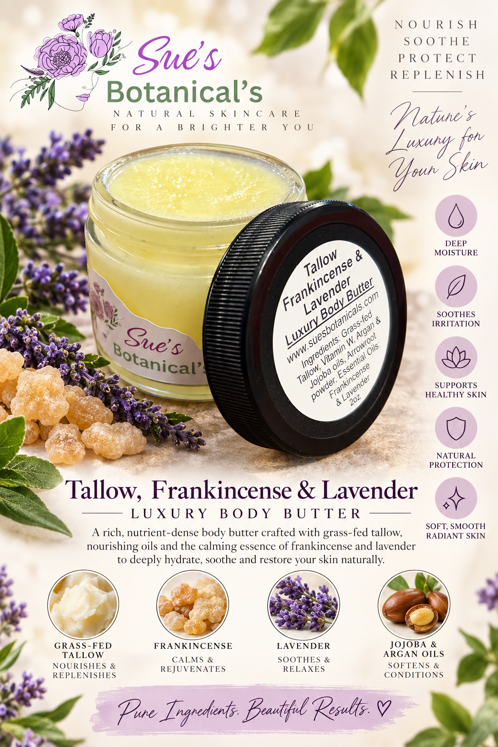 Frankincense & Lavender Tallow Luxury Body Butter

All Natural skincare, extra hydration, organic skincare , moisturizer, Natural skincare, skin hydration, helps rosacea, helps acne, reduces wrinkles, reduces fine lines, organic skincare, Beef Tallow Skincare, grass fed & finished tallow