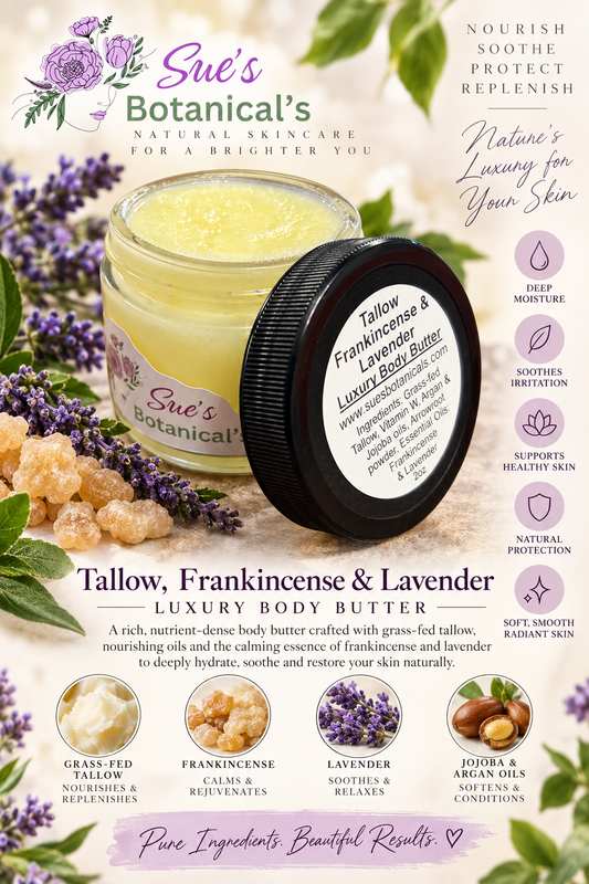 Frankincense & Lavender Tallow Luxury Body Butter

All Natural skincare, extra hydration, organic skincare , moisturizer, Natural skincare, skin hydration, helps rosacea, helps acne, reduces wrinkles, reduces fine lines, organic skincare, Beef Tallow Skincare, grass fed & finished tallow