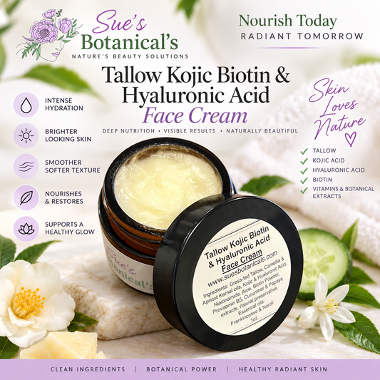 Tallow Kojic Acid, Biotin & Hyaluronic Acid Face Cream

All Natural tallow skincare, extra hydration, organic skincare , moisturizer, skin hydration, helps acne, reduces wrinkles, reduces fine lines, organic skincare, Beef Tallow Skincare