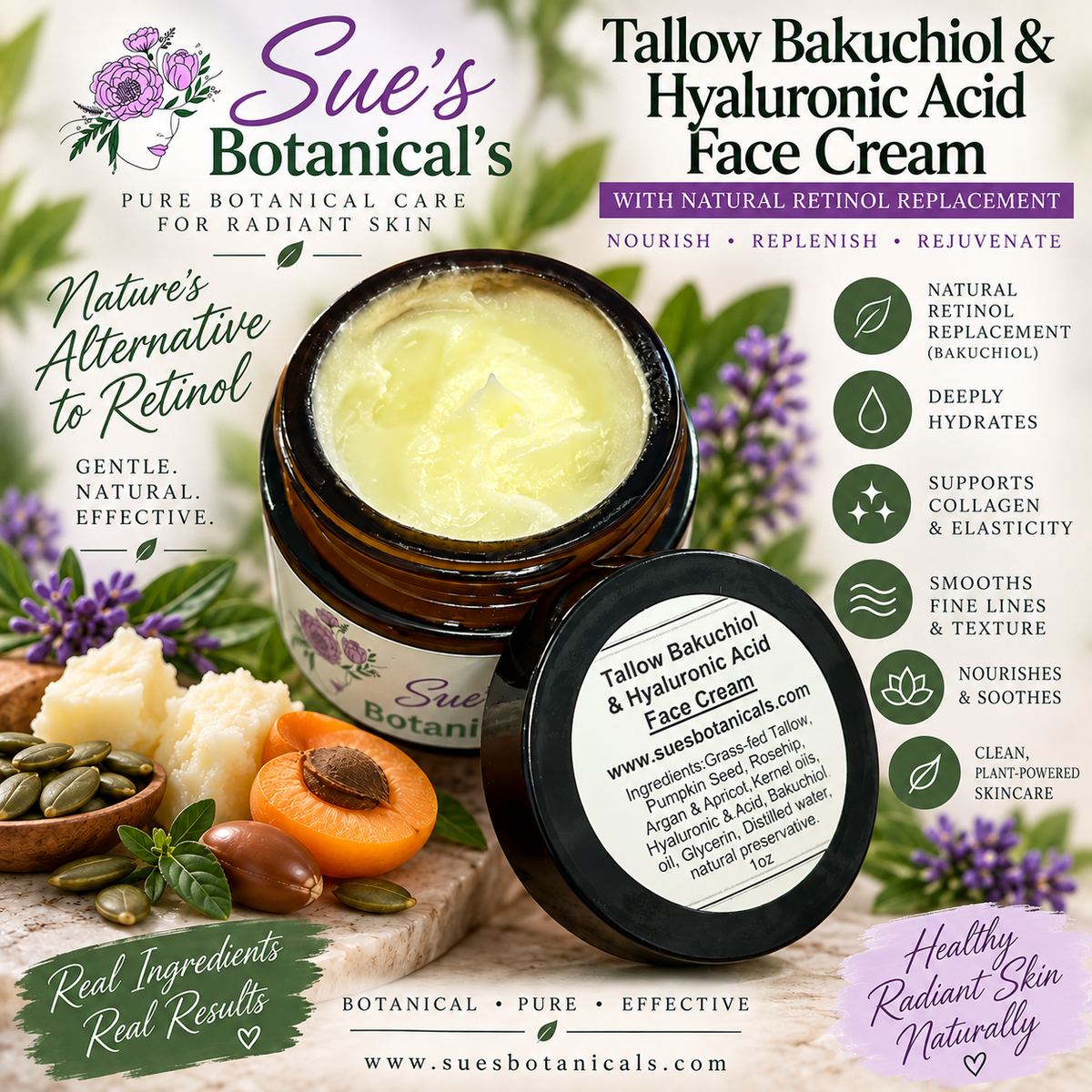 Tallow Bakuchiol and Hyaluronic Acid Face Cream

Natural retinol replacement 

All natural tallow skincare, helps acne, helps eczema, help psoriasis, helps wrinkles, hydrates skin, organic skincare, organic beef Tallow skincare