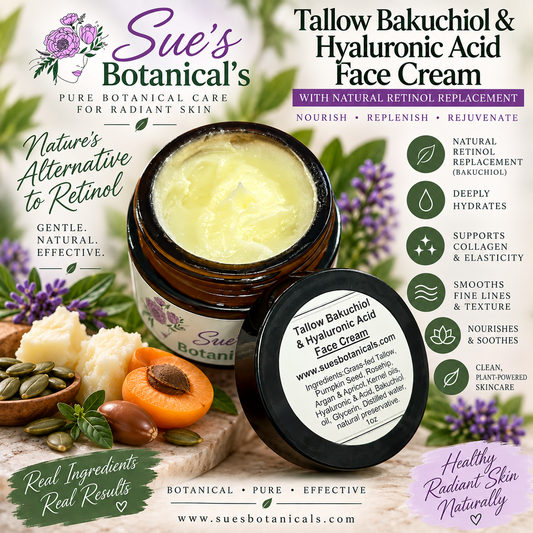 Tallow Bakuchiol and Hyaluronic Acid Face Cream

Natural retinol replacement 

All natural tallow skincare, helps acne, helps eczema, help psoriasis, helps wrinkles, hydrates skin, organic skincare, organic beef Tallow skincare