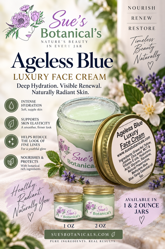 Ageless Blue Luxury Face Cream

All Natural skincare, extra hydration, organic skincare , moisturizer, skin hydration, helps acne, reduces wrinkles, reduces fine lines, organic skincare, Beef Tallow Skincare, Methylene blue 