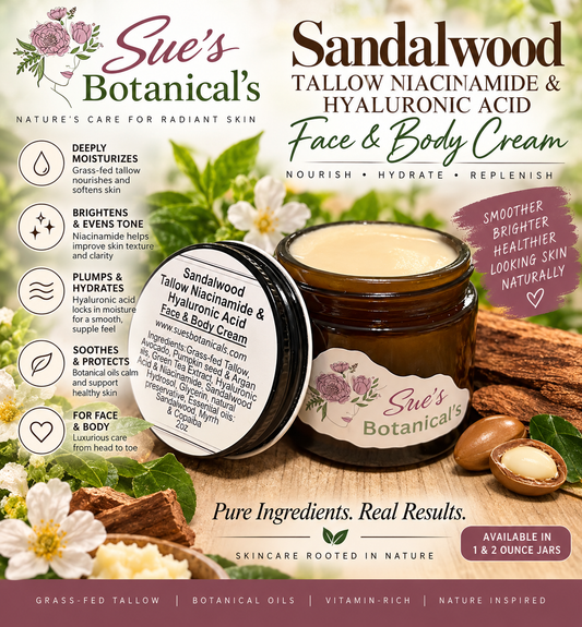 Sandalwood Tallow Niacinamide & Hyaluronic Acid Face Cream

All Natural skincare, extra hydration, organic skincare , moisturizer, All Natural Tallow skincare, skin hydration, helps rosacea, helps acne, reduces wrinkles, reduces fine lines, organic skincare, Beef Tallow Skincare
