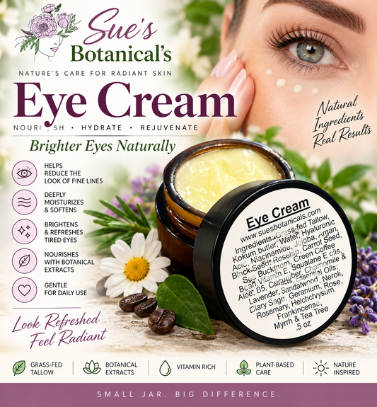 Eye cream with Tallow Hyaluronic Acid and  Niacinamide 

All Natural skincare, extra hydration, organic skincare , moisturizer, Natural skincare, skin hydration, helps rosacea, helps acne, reduces wrinkles, reduces fine lines, organic skincare, Organic Beef Tallow Skincare