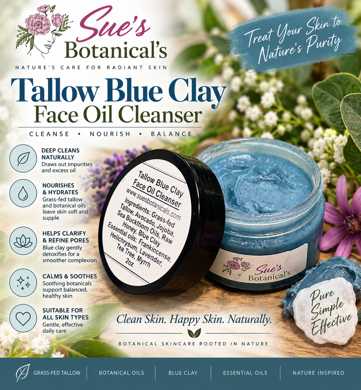 Tallow Blue Clay Facial Oil Cleanser

All Natural Tallow skincare, helps acne, helps eczema, helps psoriasis, helps wrinkles, hydrates skin, organic skincare, beef tallow skincare 