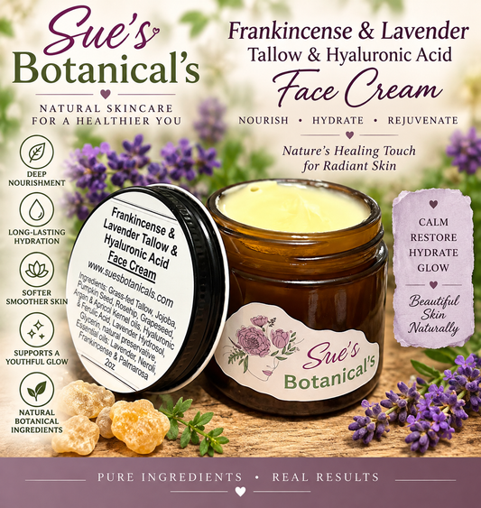 Frankincense & Lavender Hyaluronic Acid Face Cream

All Natural skincare, extra hydration, organic skincare , moisturizer, All Natural Tallow skincare, skin hydration, helps rosacea, helps acne, reduces wrinkles, reduces fine lines, organic skincare, Beef Tallow Skincare