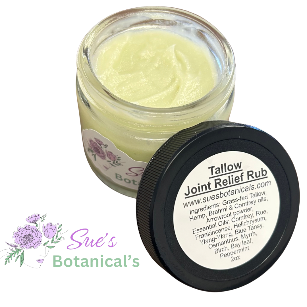 Tallow Joint Relief Rub

All Natural skincare, All Nature Tallow Skincare, extra hydration, organic skincare , moisturizer, skin hydration, helps acne, reduces wrinkles, reduces fine lines, organic skincare, Beef Tallow Skincare