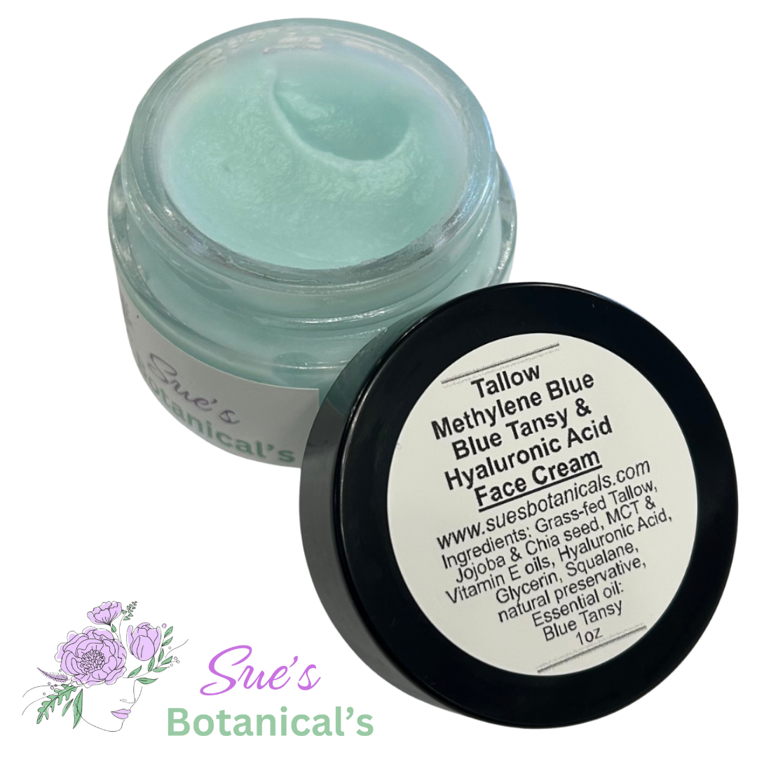 Tallow Methylene Blue, Blue Tansy & Hyaluronic Acid Face Cream

All Natural skincare, extra hydration, organic skincare , moisturizer, skin hydration, helps acne, reduces wrinkles, reduces fine lines, organic skincare, Beef Tallow Skincare