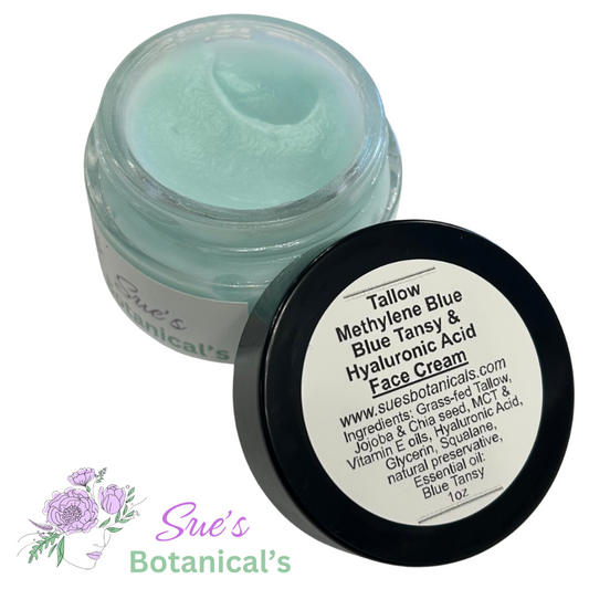 Tallow Methylene Blue, Blue Tansy & Hyaluronic Acid Face Cream

All Natural skincare, extra hydration, organic skincare , moisturizer, skin hydration, helps acne, reduces wrinkles, reduces fine lines, organic skincare, Beef Tallow Skincare