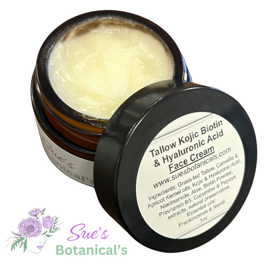 Tallow Kojic Acid, Biotin & Hyaluronic Acid Face Cream

All Natural tallow skincare, extra hydration, organic skincare , moisturizer, skin hydration, helps acne, reduces wrinkles, reduces fine lines, organic skincare, Beef Tallow Skincare