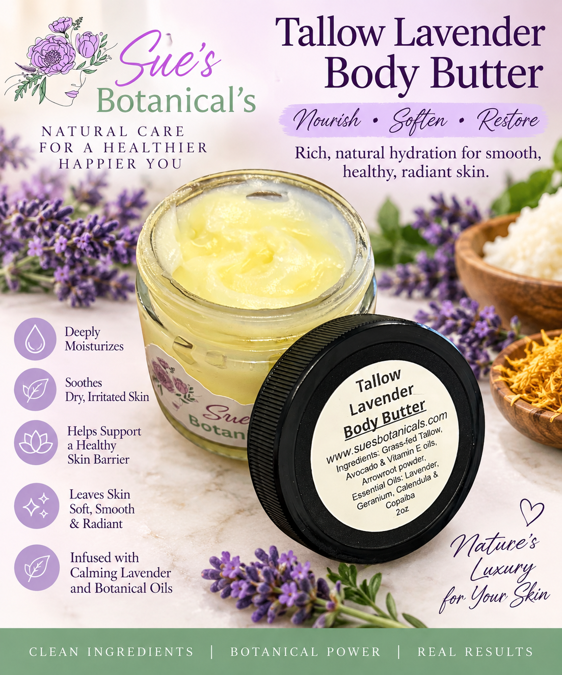 Tallow Lavender Body Butter

All Natural Tallow skincare, helps acne, helps eczema, helps psoriasis, helps wrinkles, hydrates skin, organic skincare, beef tallow skincare 