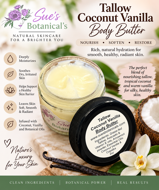 Tallow Coconut Vanilla Body Butter

All Natural tallow skincare, extra hydration, organic skincare , moisturizer, All Natural skincare, skin hydration, helps acne, reduces wrinkles, reduces fine lines, helps psoriasis, organic skincare, Beef Tallow Skincare